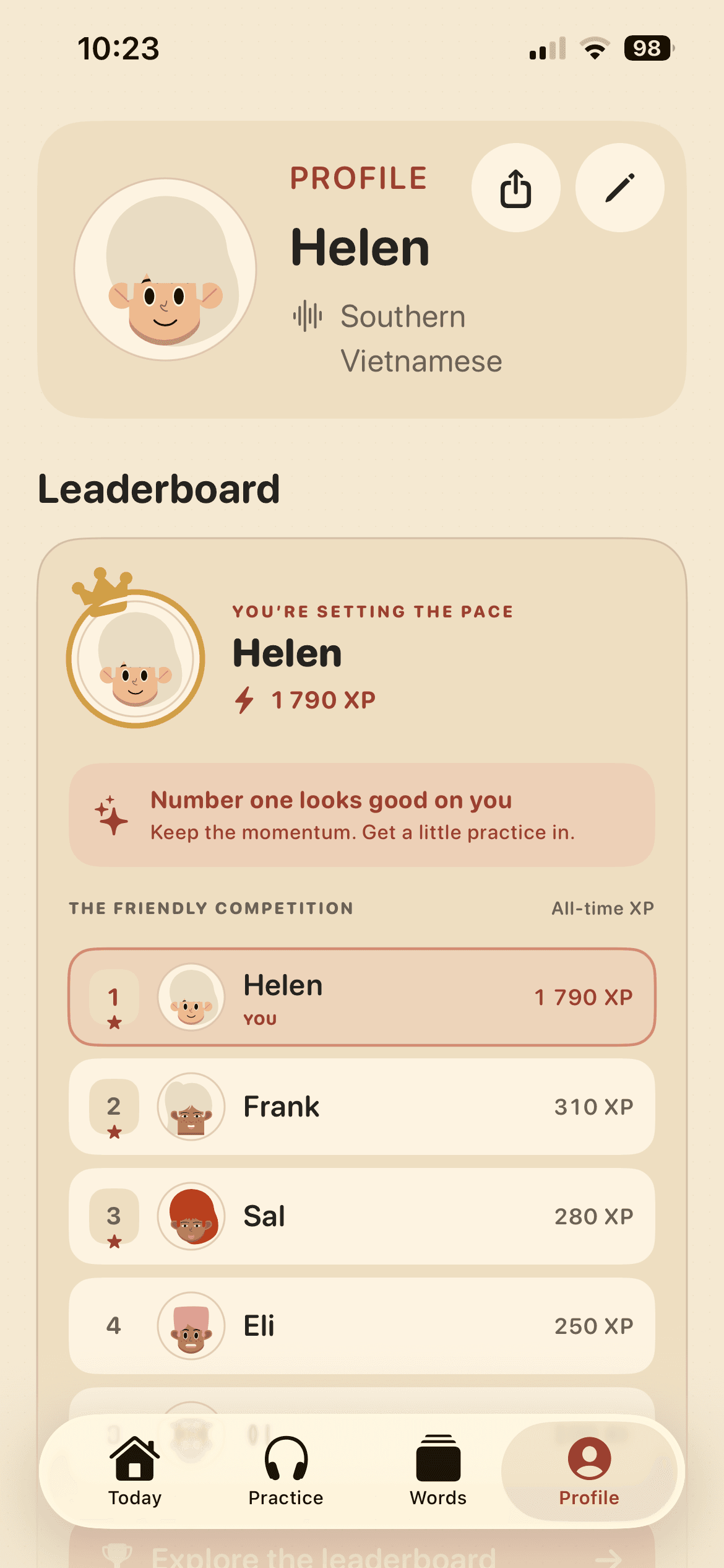 VietBuddy profile showing recent listening progress