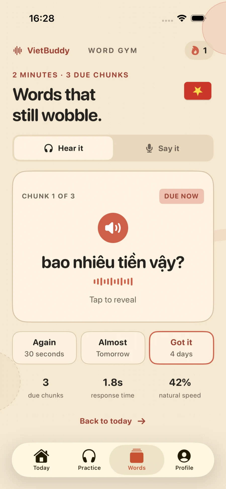 VietBuddy Word Gym reviewing a Vietnamese phrase by ear